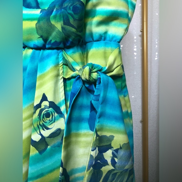 Vintage J. Stevens Blue/Yellow Sleeveless Maxi Dress w/ Blue Floral Pattern - Picture 3 of 6